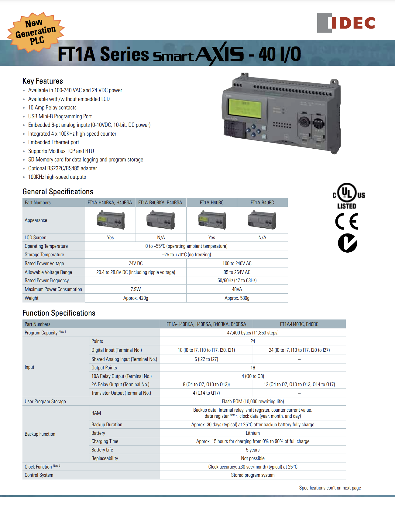 IDEC FT1A SmartAXIS 40IO CPU Datasheet
