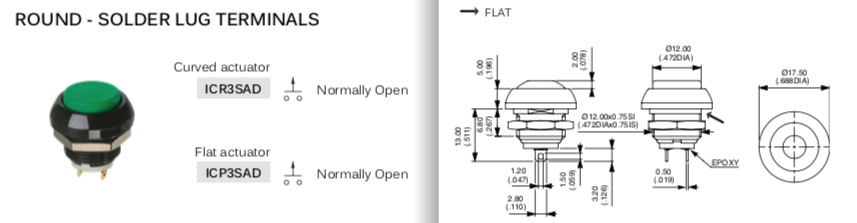 Apem ICP3SAD4 кнопка, Ø 12 mm, Momentary (NO), 5 A 28 VDC / 0,5 A 48 VAC, IP67