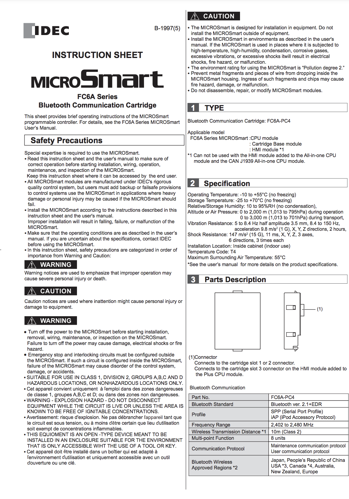 IDEC FC6A MICROSmart Bluetooth Communication Cartridge Instruction Sheet