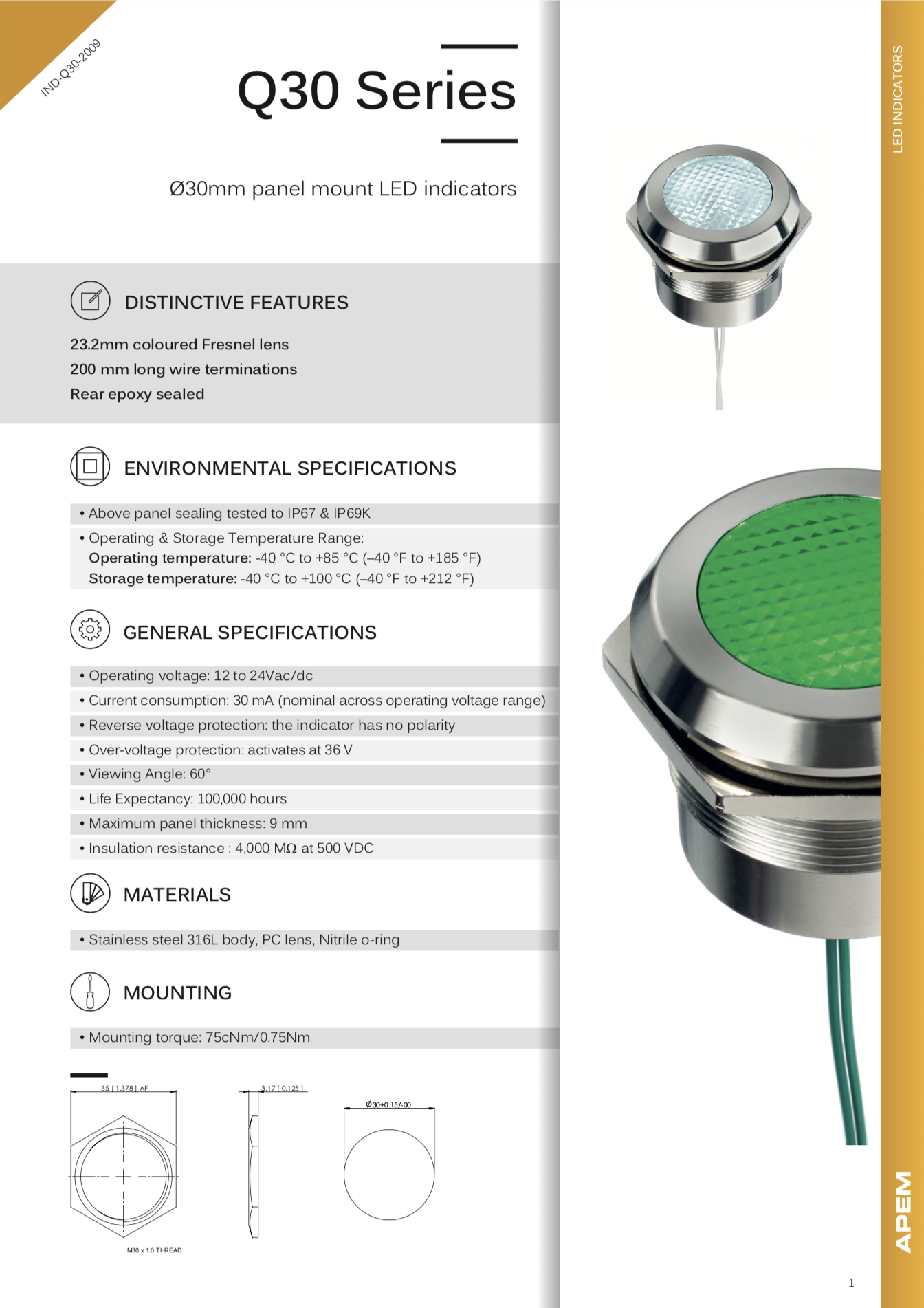 Технічна документація APEM LED Indicators Q30 Series