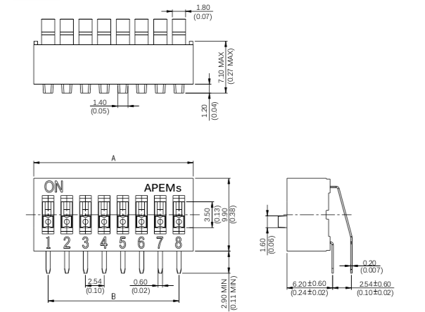 Apem NDA-04-V DIP перемикач, -20 °C to +70 °C, 100 mA 50 VDC, 4 way, RoHS compliance