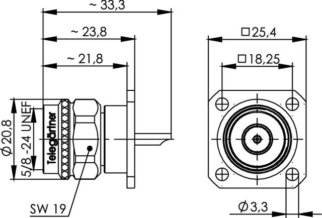 Telegartner J01020D0032 ВЧ роз'єм, N тип, Panel Plug Solder Pin, 0 - 11GHz, 50Ω