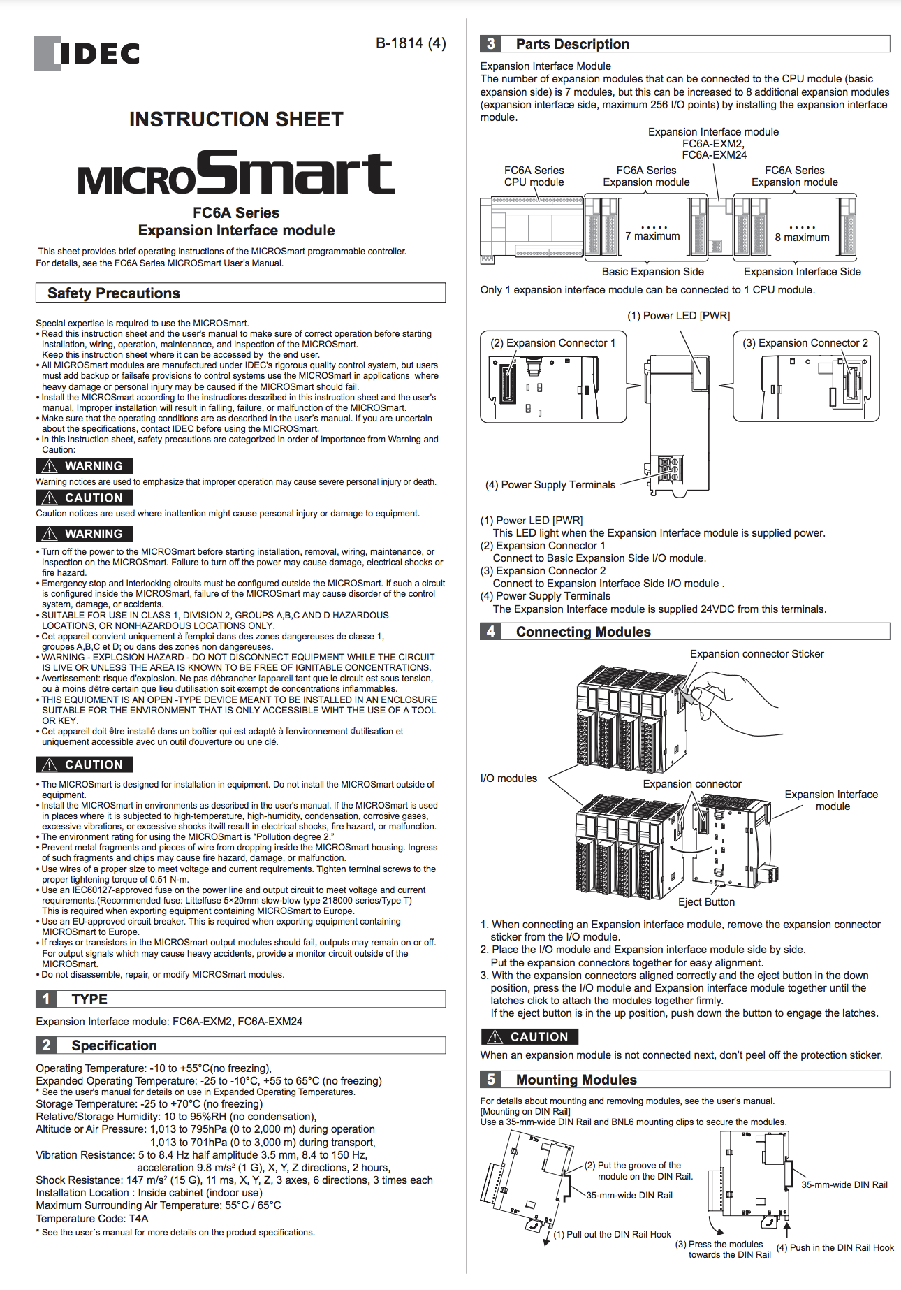 IDEC FC6A MICROSmart Expansion Interface Module Instruction Sheet