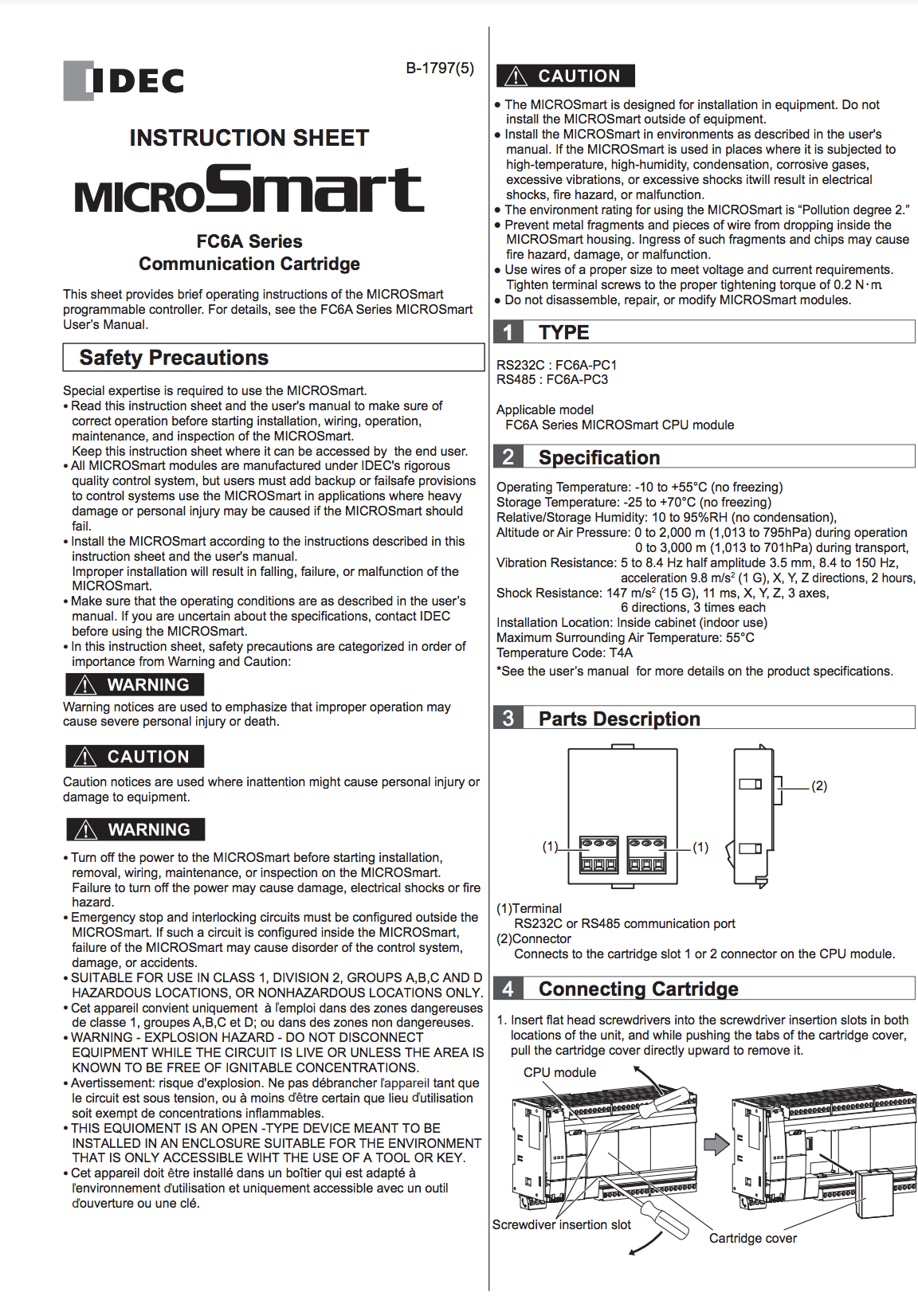 IDEC FC6A MICROSmart Communicaton Cartridge Instruction Sheet