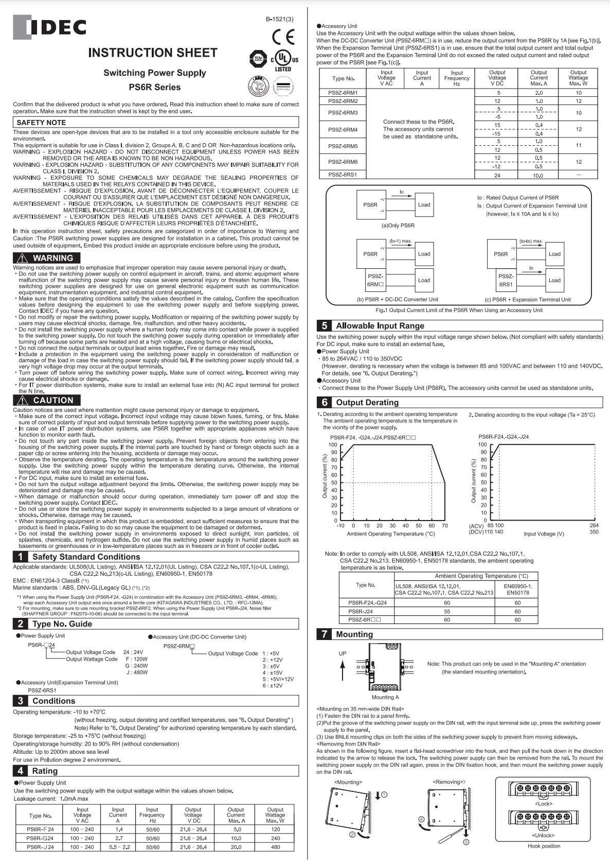 IDEC PS6R Power Supplies Instruction Sheet