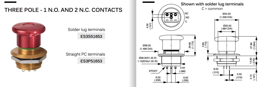 Apem ES3S51653 кнопка аварійного відключення, Ø 28 mm, 1NO + 2NC, Solder lug, Heavy-duty
