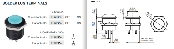 Apem FPAP3B1222X0X кнопка, Ø 24 mm, Momentary (NO), 4A, 12VDC, IP69K