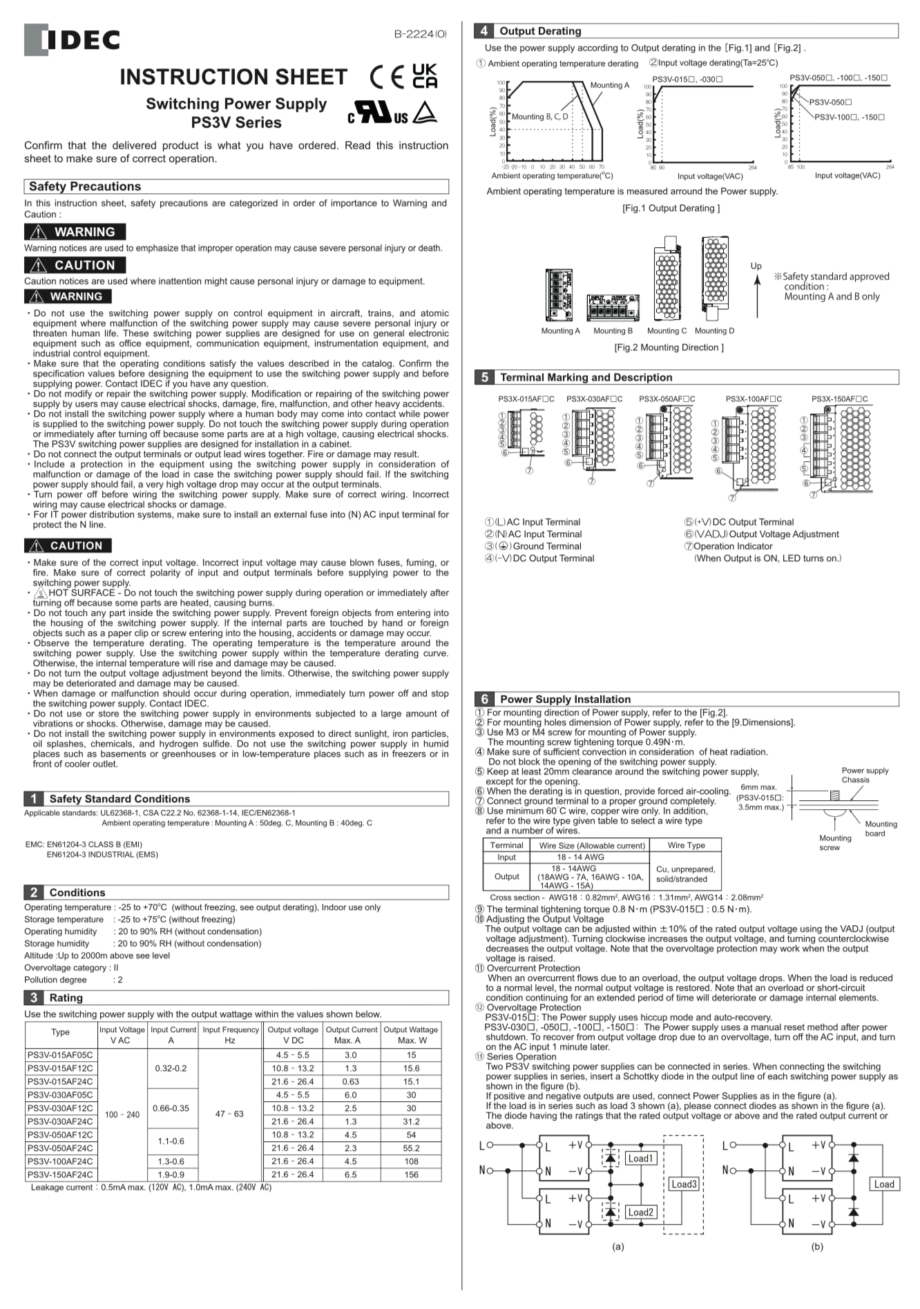 IDEC PS3V Series Switching Power Supply Instruction Sheet