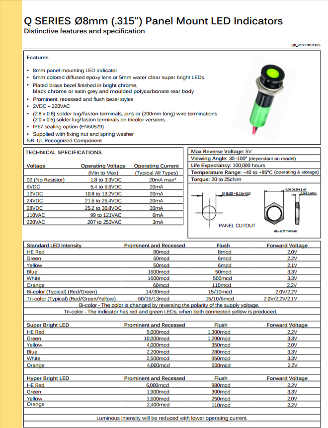 Технічна документація APEM LED Indicators Q Series 8mm