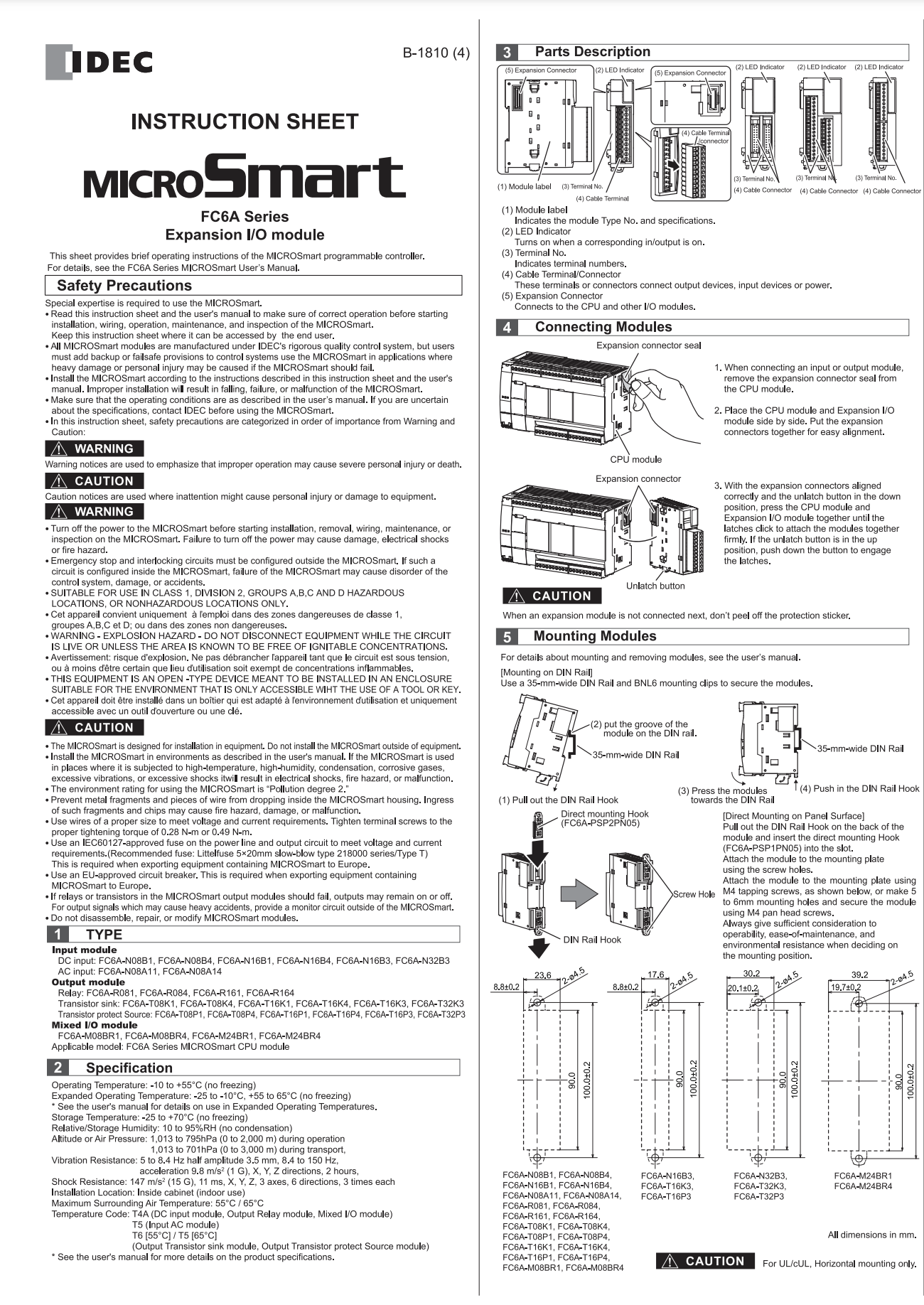 IDEC FC6A MICROSmart Expansion I/O Module Instruction Sheet