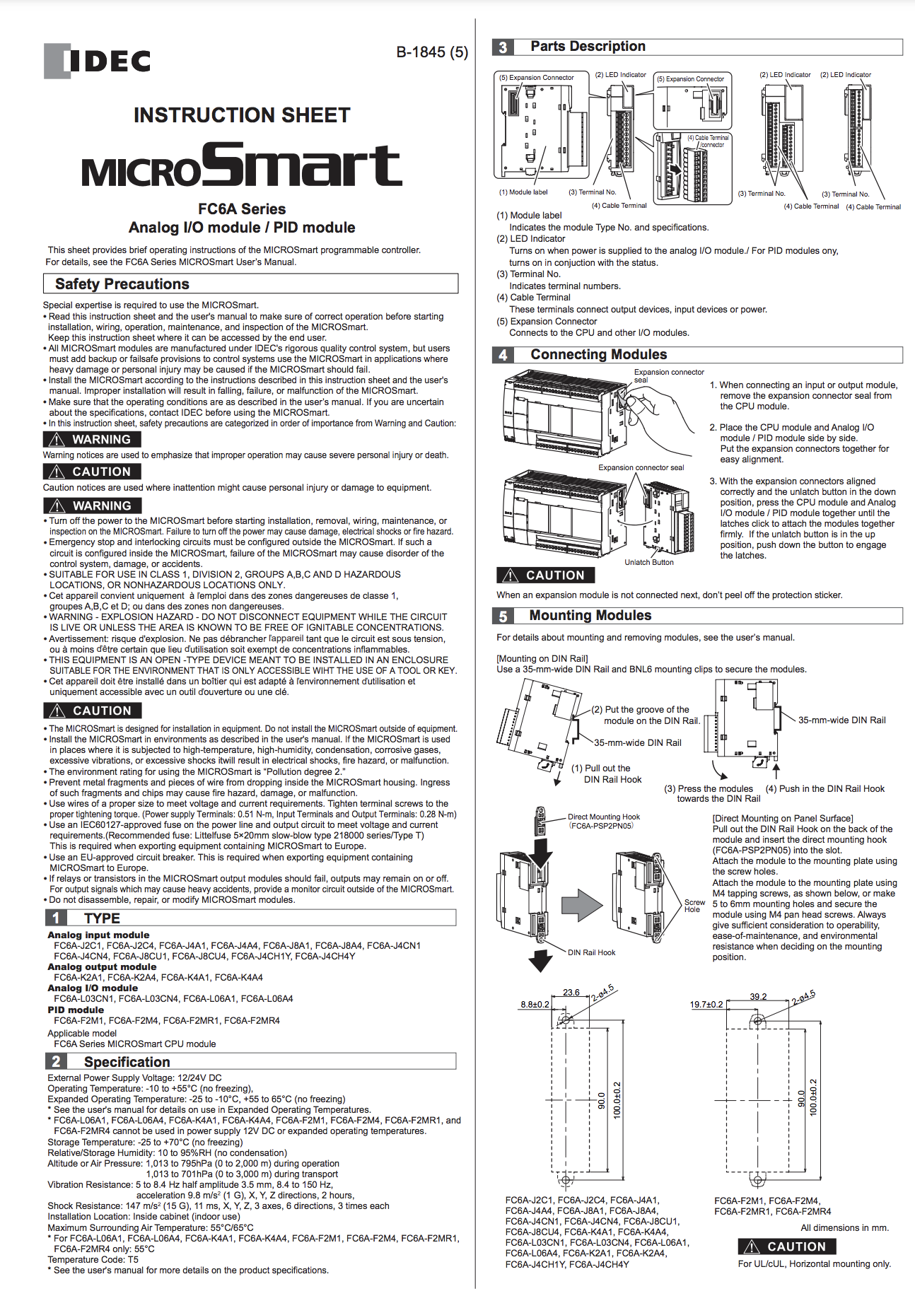 IDEC FC6A MICROSmart Functional Module (Analog / PID Module) Instruction Sheet