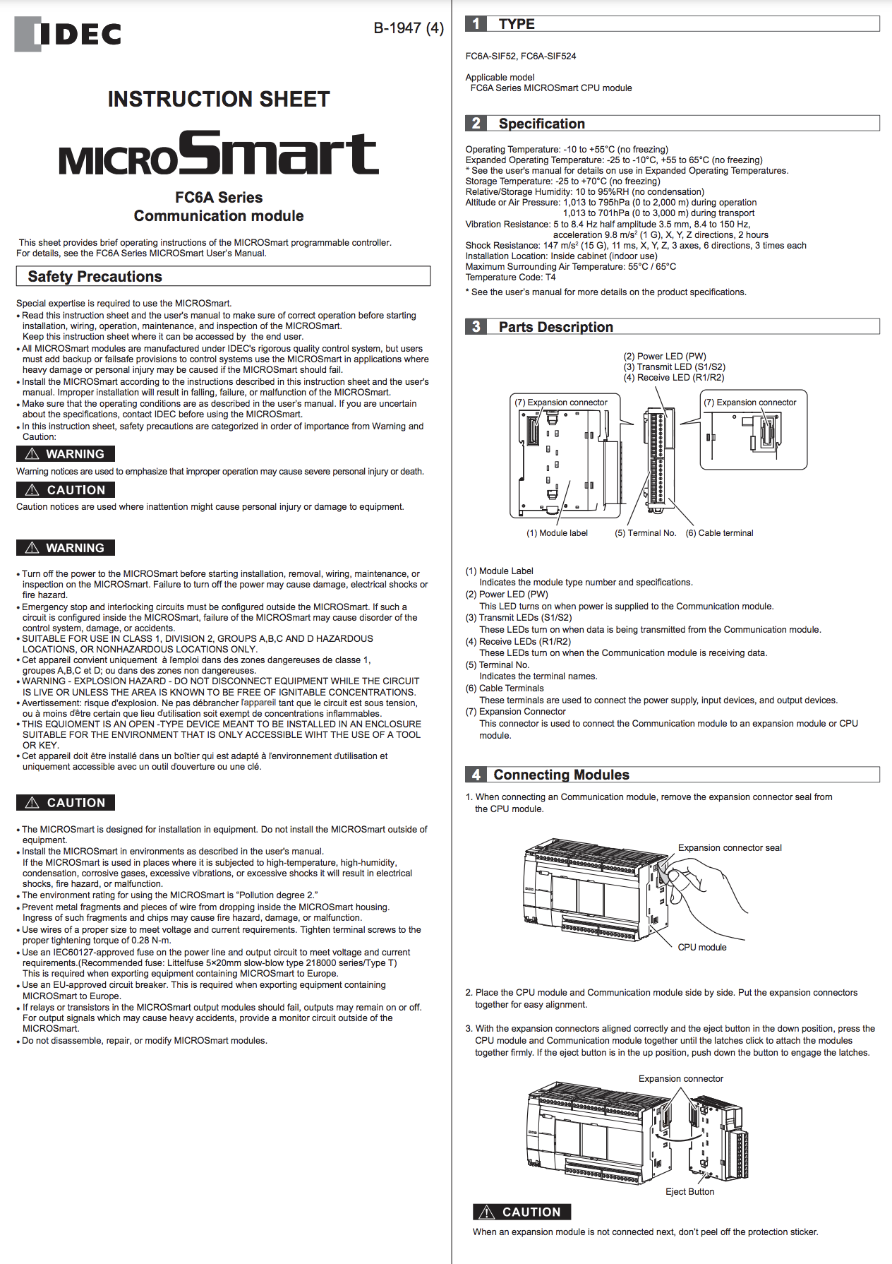 IDEC FC6A MICROSmart Communication Module Instruction Sheet