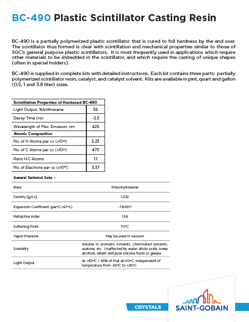 Технічна документація SGC BC-490 Plastic Scintillator Casting Resin