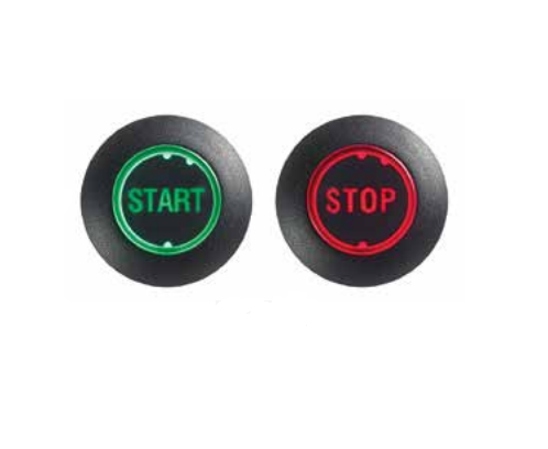 Apem FDAP1D1282F13 кнопка Ø 24 mm, Latching (OFF - ON), illuminated, 4 A, 12 VDC, START (green) / STOP (red) symbols, IP69K