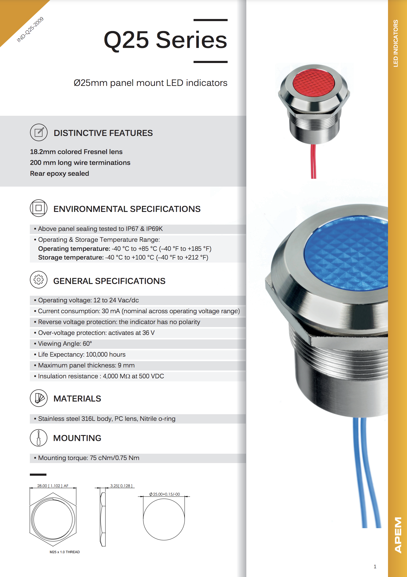 Технічна документація APEM LED Indicators Q25 Series