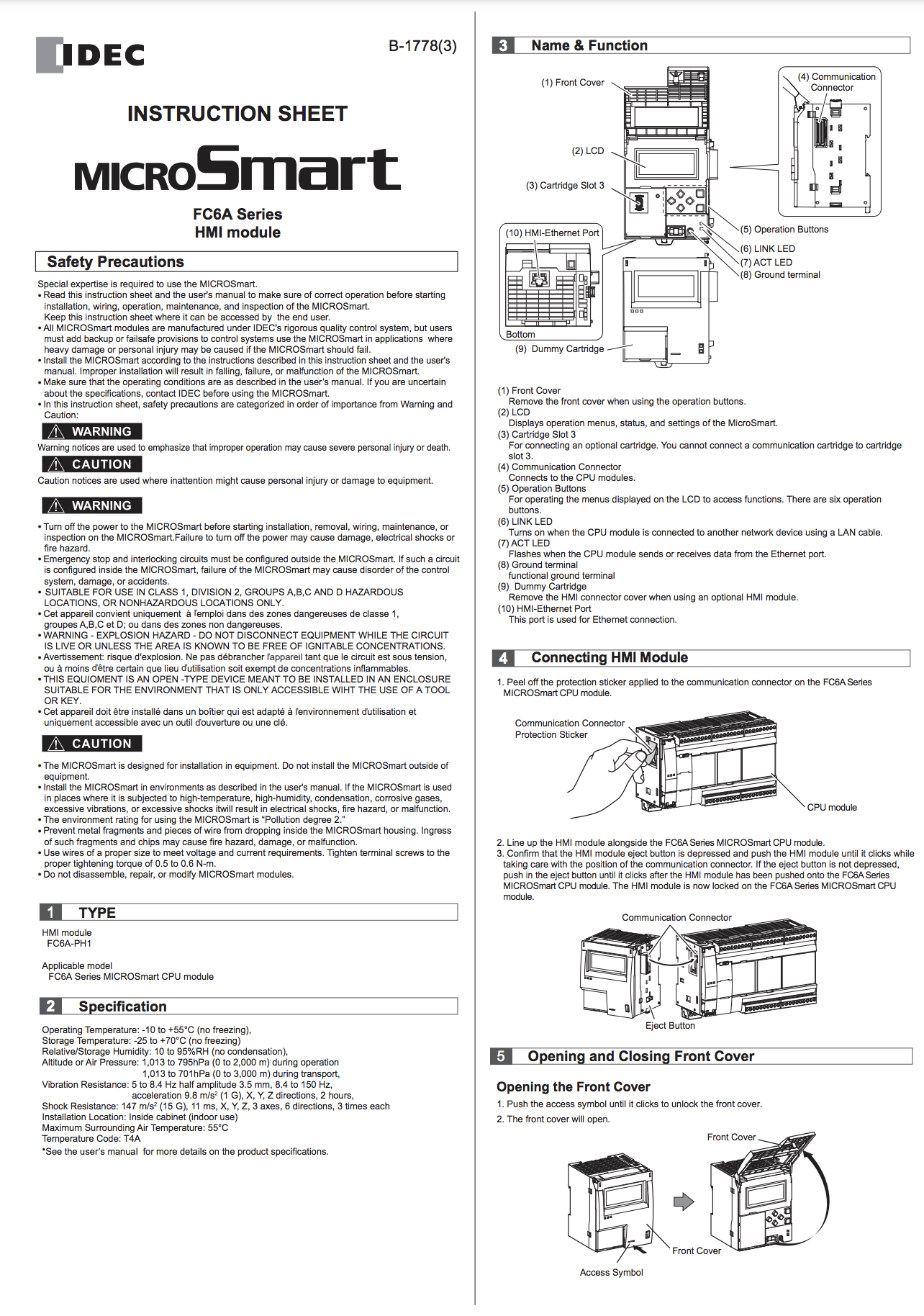 IDEC FC6A MICROSmart HMI module Instruction Sheet
