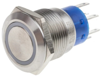 RS PRO 1115790 кнопковий перемикач з підсвічуванням, Panel Mount, 19.2mm Cutout, DPDT, White LED, 250V, IP67