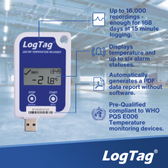 LogTag UTRID-16 реєстратор температури, -30 до +60 °C, USB, LCD, Multi-Use, WHO PQS, IP64