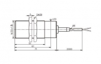 Sensit PSI 306 369 індуктивний датчик наближення, 10mm, NO, 2-wire, M30, 20 Hz, 20 - 250 VAC, IP 68, 2m
