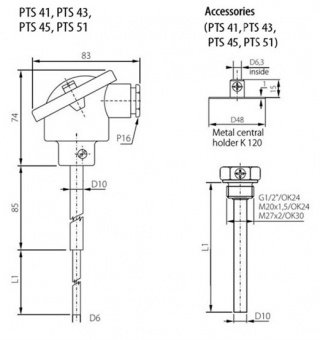 Sensit PTS 45-100 датчик температури, Pt 1000, -50 °C до +400 °C, 100 мм x ∅6 мм, M 20x1.5, IP 54