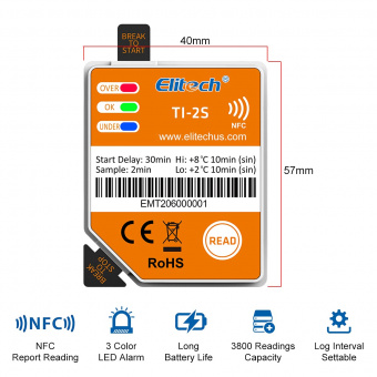 Elitech TI-2S реєстратор температури, -30 до +60 °C, Single-use, NFC, IP54