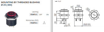 Apem FDAP1F1282F15 кнопка Ø 24 mm, Latching OFF - ON, illuminated, 4 A, 12 VDC, I (green) / O (red) symbols, IP69K