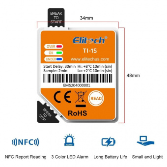 Elitech TI-1S реєстратор температури, -30 до +60 °C, Single-use, NFC, IP54