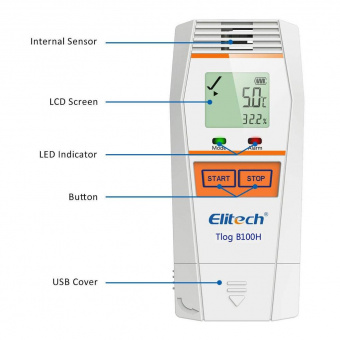 Elitech Tlog B100H реєстратор температури та вологості, -30 до +70 °C, Multi-Use, PDF, USB, Bluetooth, LCD, IP65
