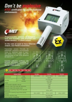Comet T3111Ex датчик вологості та температури, 1ch, 0 to 100% RH, -30 to +105 °C, LCD,  4-20 mA, ATEX certification, 1m cable