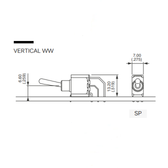 Apem 5236WWADB тумблер, ON-ON, 1 pole, Ø 6,35mm, 4A, 30 VDC, 3A 250VAC, Right angle, vertical mounting, Epoxy sealed terminals
