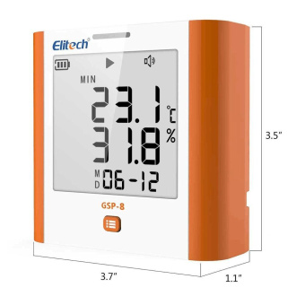 Elitech GSP-8-TH реєстратор температури та вологості, -40 до +85 °C, 1 до 99%RH, Multi-Use, Auto-PDF, USB, LCD