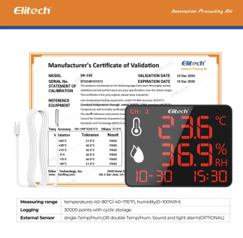 Elitech DR 230 реєстратор температури та вологості, 2ch, -40 до +85 °C, 0 до 100%RH, Multi-Use, Bluetooth, USB-C, LCD з сиреною