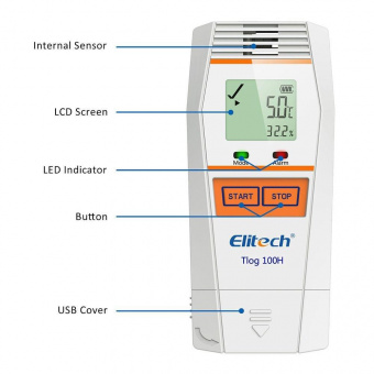 Elitech Tlog 100H реєстратор температури та вологості, -30 до +70 °C, Multi-Use, PDF, USB, LCD, IP65