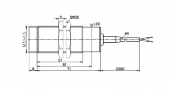 Sensit PSI 308 360 індуктивний датчик наближення, 15mm, NC, 2-wire, M30, 20 Hz, 20 - 250 VAC, IP 68, 2m