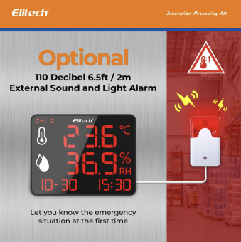 Elitech DR 230 реєстратор температури та вологості, 2ch, -40 до +85 °C, 0 до 100%RH, Multi-Use, Bluetooth, USB-C, LCD з сиреною