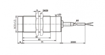 Sensit PSI 308 369 індуктивний датчик наближення, 15mm, NO, 2-wire, M30, 20 Hz, 20 - 250 VAC, IP 68, 2m