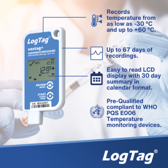 LogTag VaxTag+ реєстратор температури, -30 до +60 °C, LCD, USB, PDF, WHO PQS, IP65