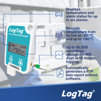 LogTag UTREL-16F реєстратор температури з зовнішнім сенсором, -90 до +40 °C, USB, LCD, IP61