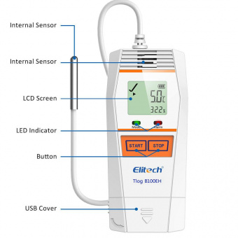 Elitech Tlog B100EH реєстратор температури та вологості, -40 до +85 °C, Multi-Use, PDF, USB, Bluetooth, LCD, IP65